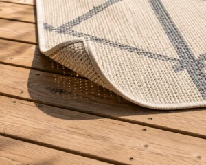 Outdoor rug wooden deck drying in direct sunlight after a rinse.