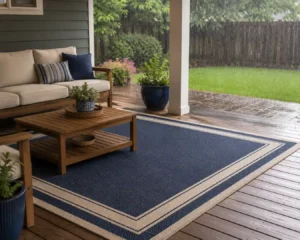 A covered patio outdoor rug wooden deck setup staying dry during rainfall.