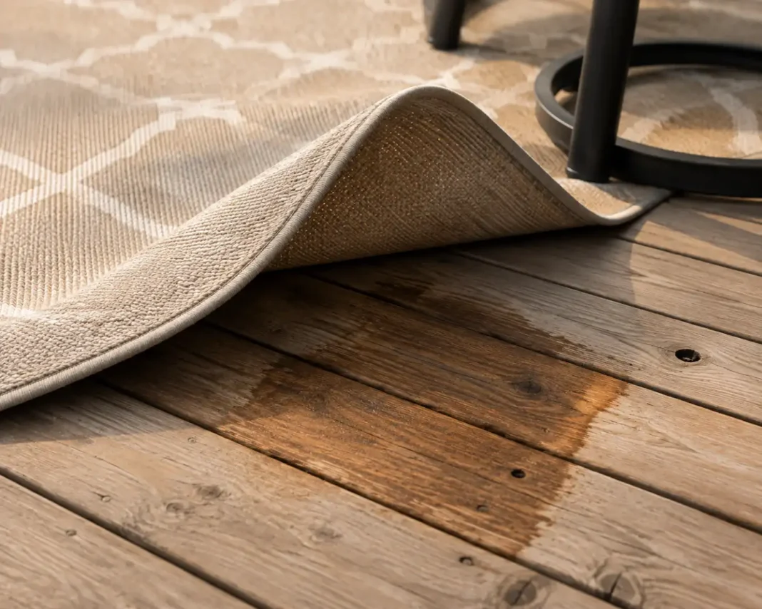 Outdoor rug wooden deck corner lifted, showing a moisture stain underneath.