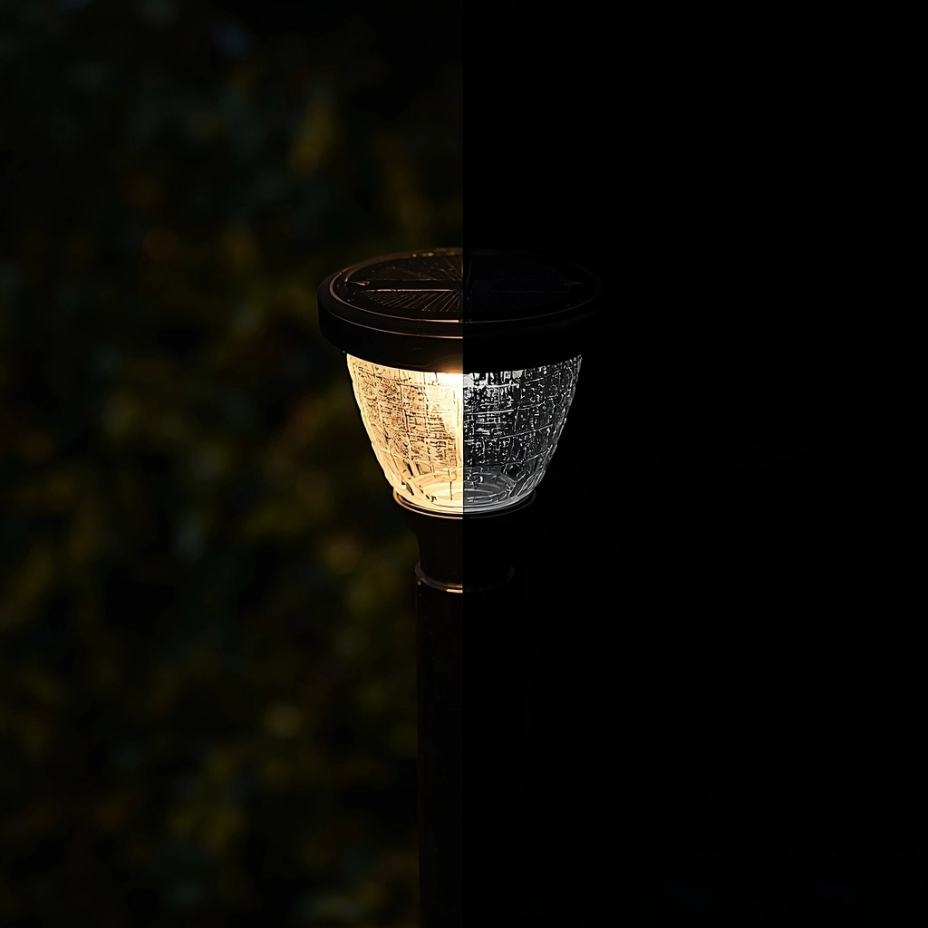 Outdoor solar lights flash shown mid-flicker on a garden post fixture at night.