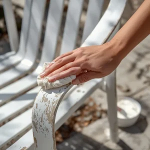 Wiping down oxidized aluminum patio chairs before applying a cream of tartar paste.