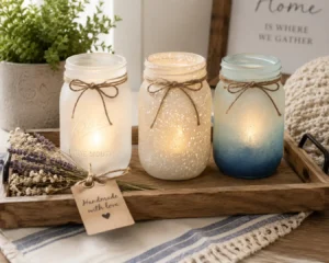 A gift tray styled with three painted mason jar lanterns in different finishes.