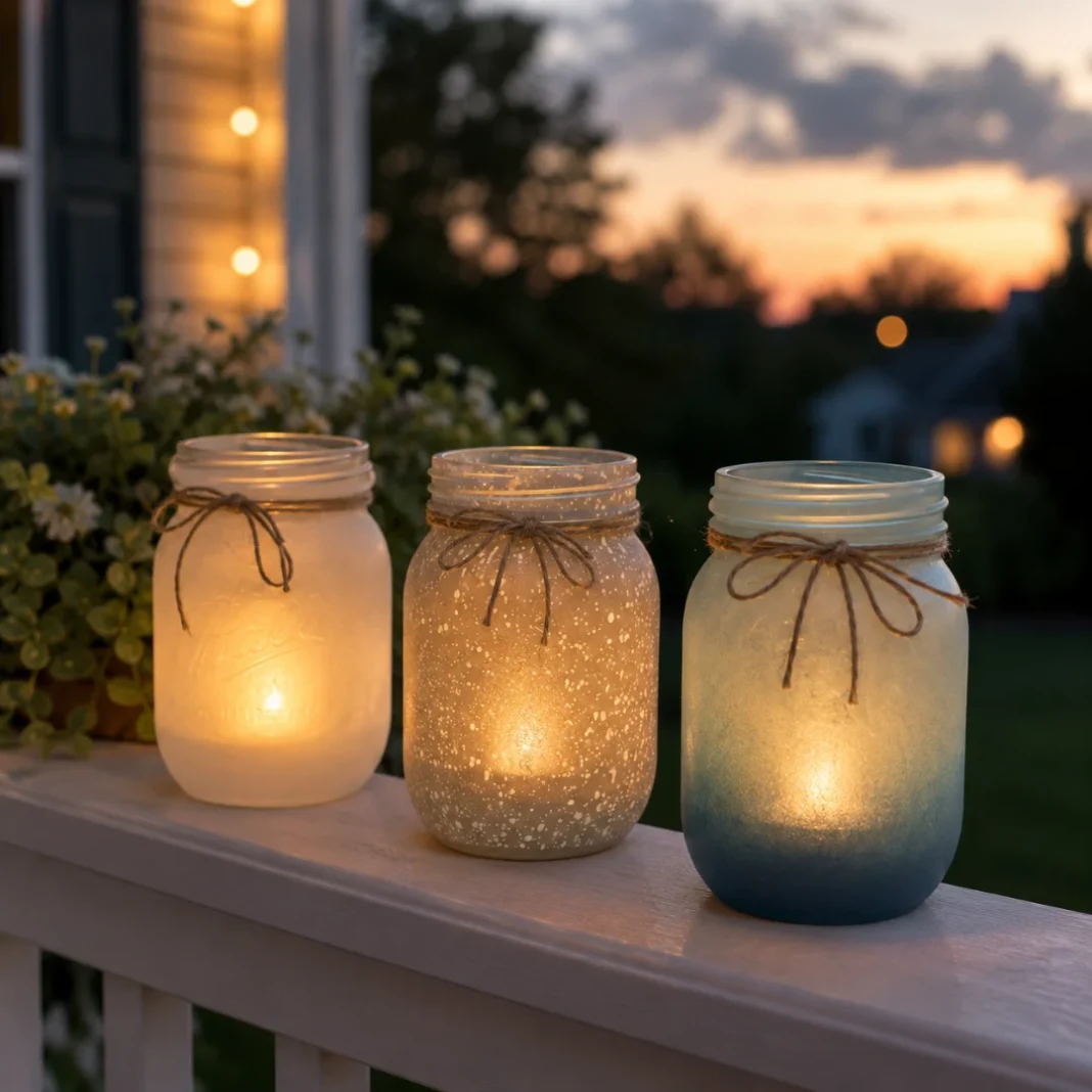 Three painted mason jar lanterns glowing on a porch railing at dusk.