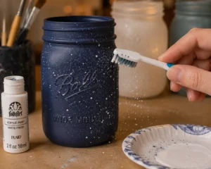 Spattering star dots onto one of several painted mason jar lanterns covered in this guide.