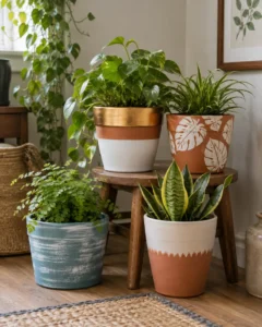 A styled corner grouping several painted terracotta pot ideas, including leaf print and metallic rim styles.