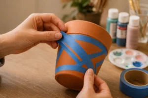 Taping off a geometric stripe pattern for one of several painted terracotta pot ideas.