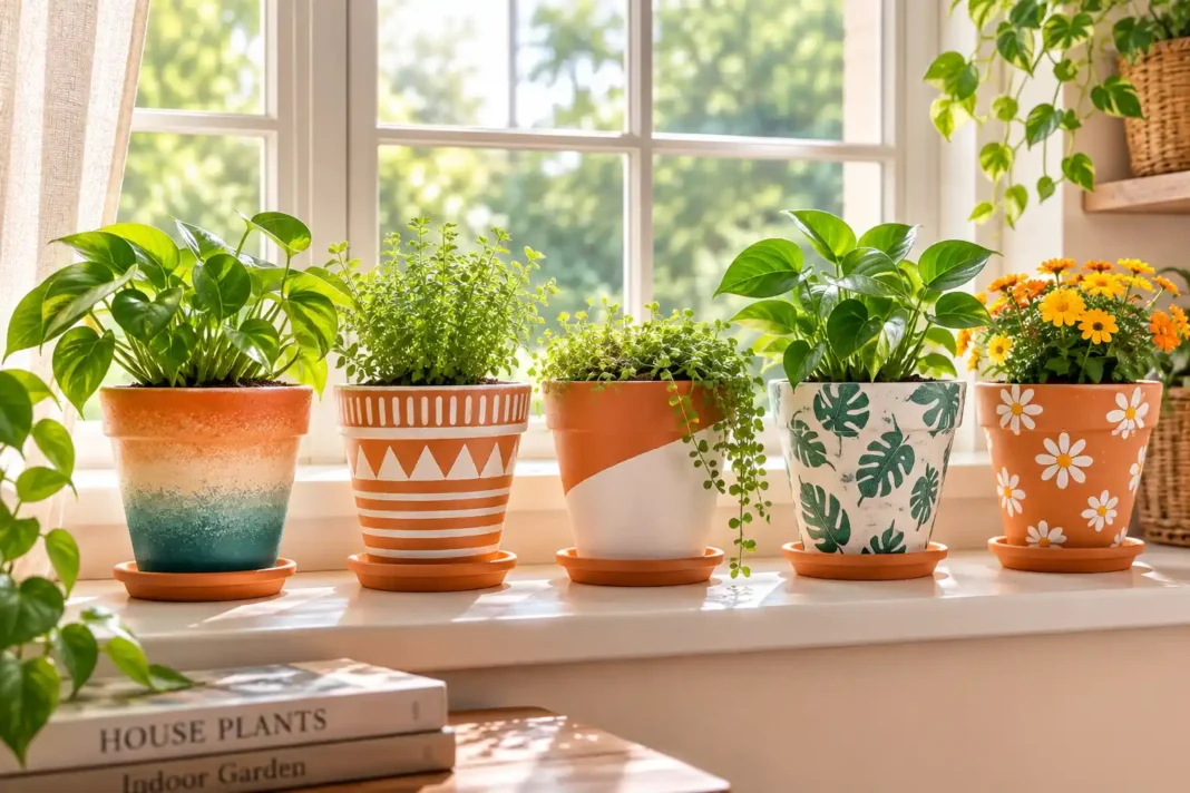 painted-terracotta-pot-ideas-windowsill-row A row of painted terracotta pot ideas showing five different techniques on a windowsill.