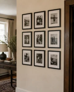 A photo wall display idea using a grid of nine matching black frames in a hallway.