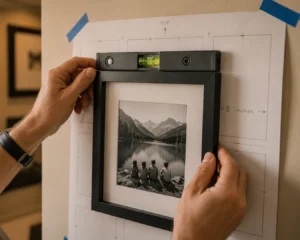 Checking a frame with a level while installing a photo wall display idea grid.