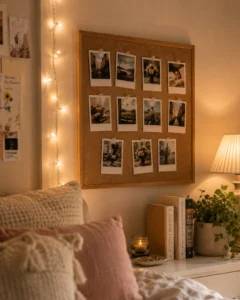 A photo wall display ideas with a polaroid cluster and fairy lights in a cozy bedroom corner.