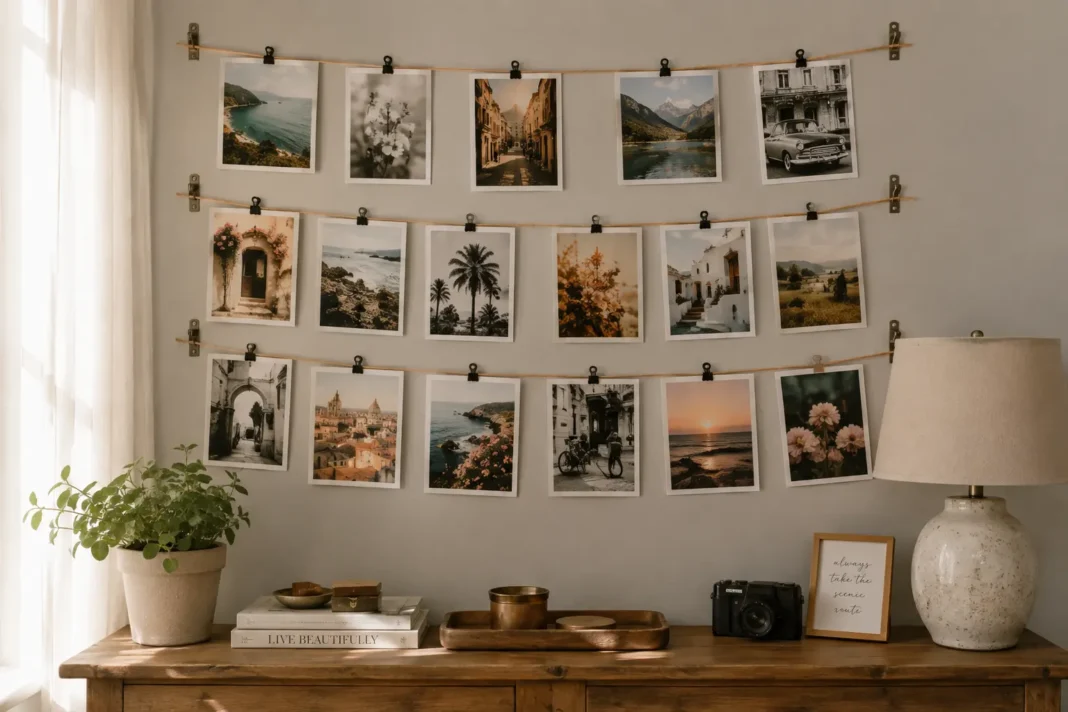 A photo wall display idea using twine and clips above a wooden console table.