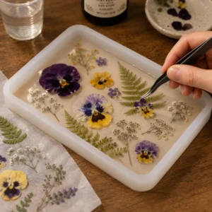 Arranging pressed flowers with tweezers for a pressed flower resin tray.