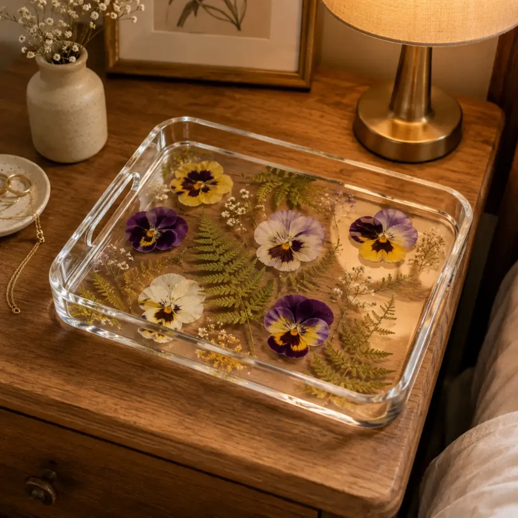 A pressed flower resin tray with pansies and ferns displayed on a wooden nightstand.