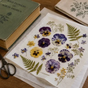 Pressed flowers being prepared for a pressed flower resin tray project.