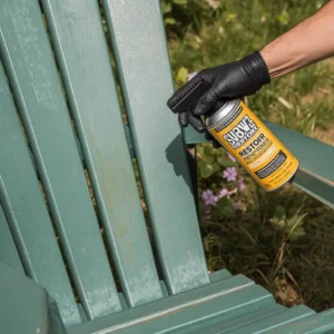 Applying UV restorer spray to faded plastic patio furniture to bring back its color.