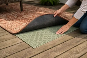 Installing a breathable pad under a rubber backed rug deck setup.