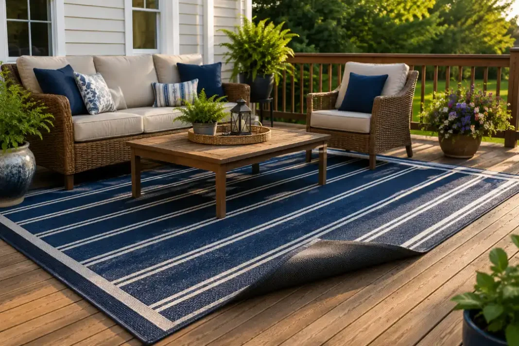 Rubber backed rug deck scene with the rug corner pulled back to check the boards.