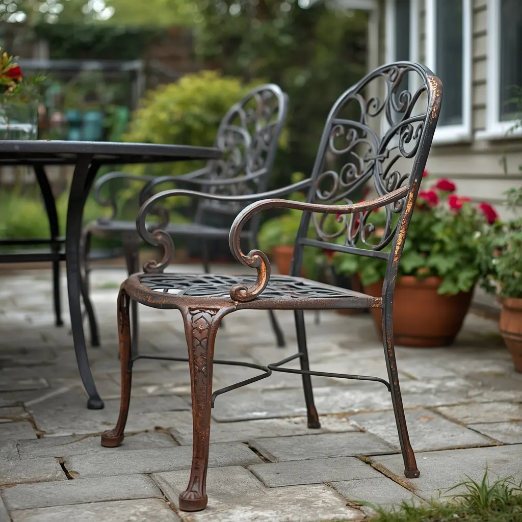 rust-from-patio-furniture-featured Rust from patio furniture visible on the arms and legs of a wrought iron chair.