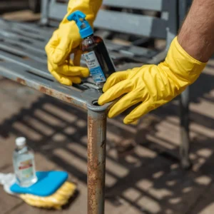 Inspecting rust from patio furniture before starting the no-sand cleaning process.