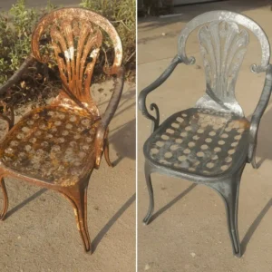 Rust from patio furniture fully removed and protected on a restored metal chair.