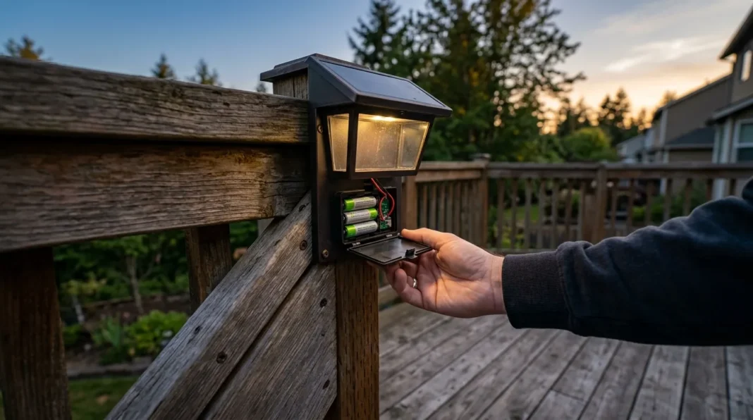 Solar lights catch fire risk being checked on a wood deck railing fixture.