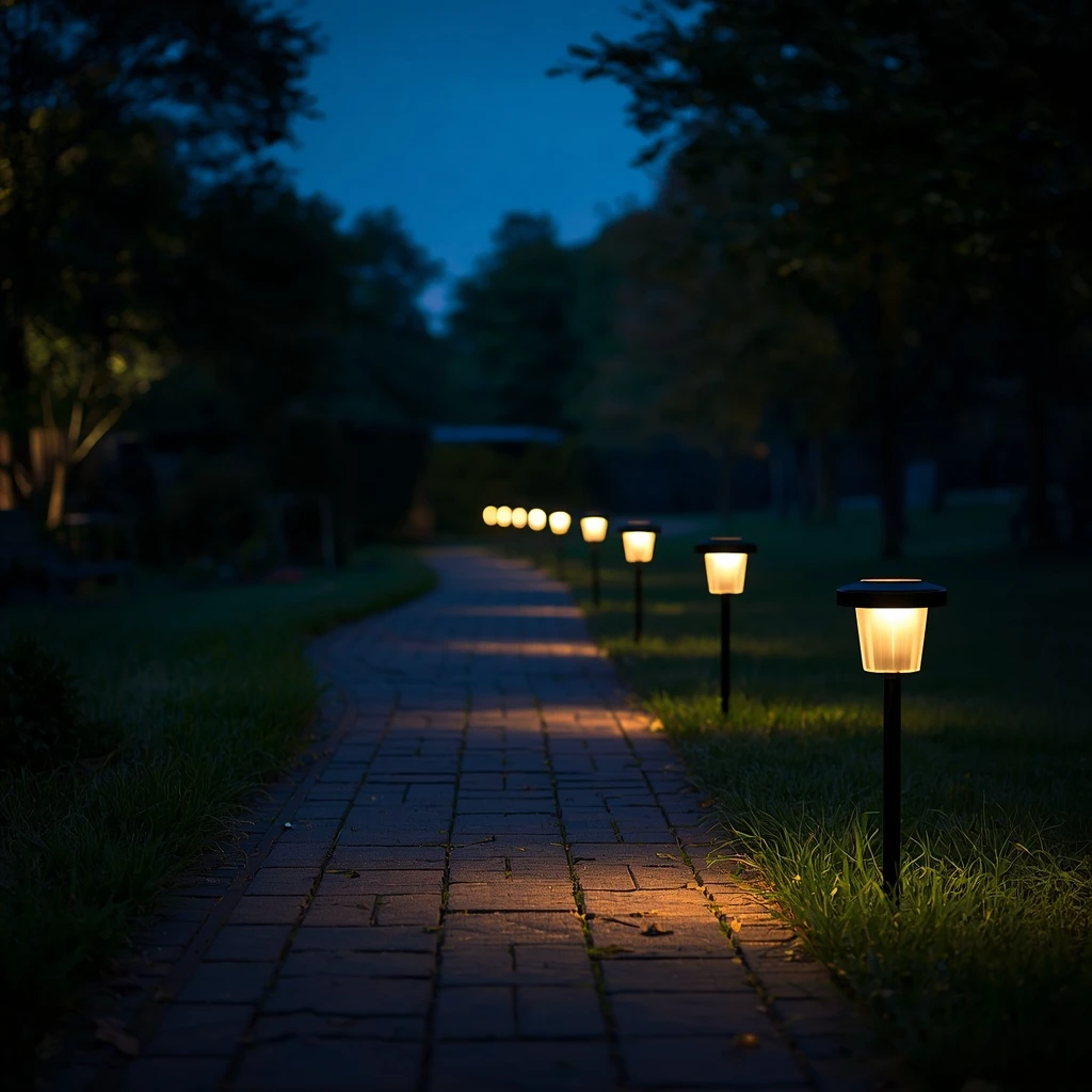 Solar lights stop working scene showing one dark fixture along a lit garden pathway.