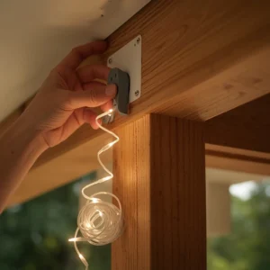 Attaching an adhesive hook for string lights without drilling into a porch beam.