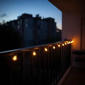 Finished string lights without drilling glowing across a rented apartment balcony.