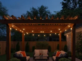 String lights without drilling hung across a backyard pergola using clip hooks.