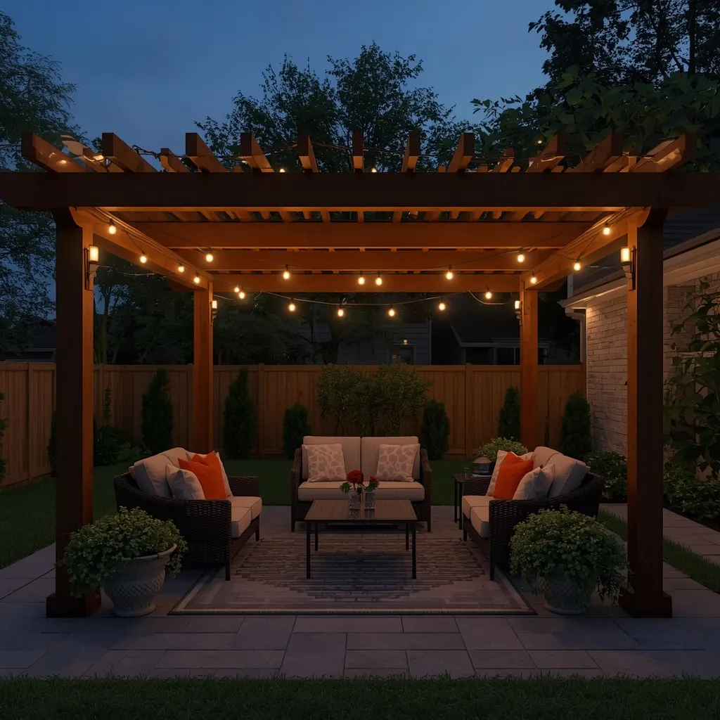 String lights without drilling hung across a backyard pergola using clip hooks.