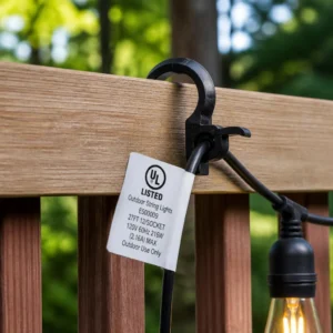 Outdoor-rated string lights without drilling being clipped onto a railing.