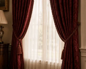 Layered drapery used in traditional living room ideas styling, burgundy panels over sheer curtains.