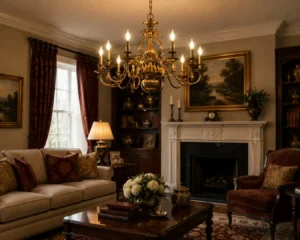 Statement chandelier anchoring traditional living room ideas styling in a warm, elegant space.