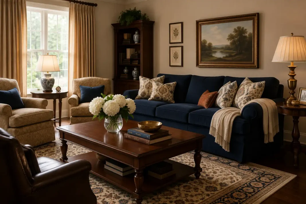 A warm traditional living room ideas example with a navy sofa, mahogany coffee table and brass table lamp.