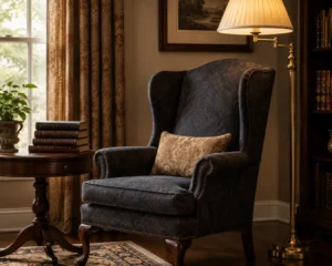 Wingback chair corner styled with traditional living room ideas, a brass floor lamp and leather books.