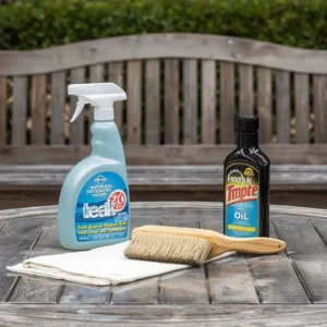 Restoration supplies ready to treat weathered teak wood furniture with cleaning and oiling.