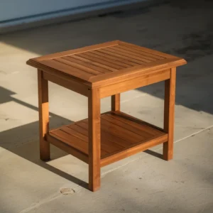 Weathered teak wood furniture fully restored to its original honey-brown finish.