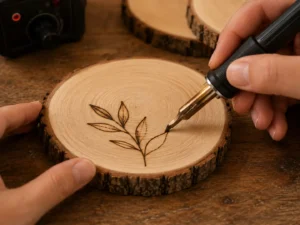 Wood burning a simple design for one of several wood slice coaster ideas covered here.