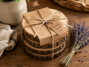 A gift-wrapped bundle of wood slice coaster ideas tied with twine and kraft paper.