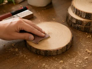 Sanding a wood slice for one of several wood slice coaster ideas covered in this guide.