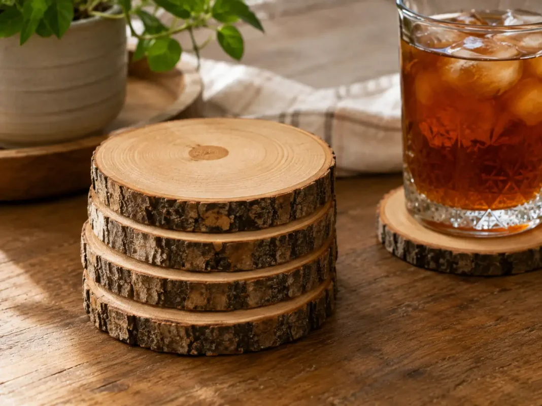 A stack of wood slice coaster ideas styled on a wooden table next to a drink.