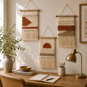 A gallery cluster of three woven yarn wall art pieces displayed above a desk.