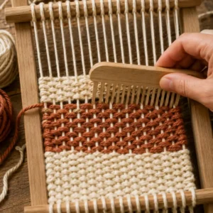 The basic over-under weave technique used in several woven yarn wall art ideas.