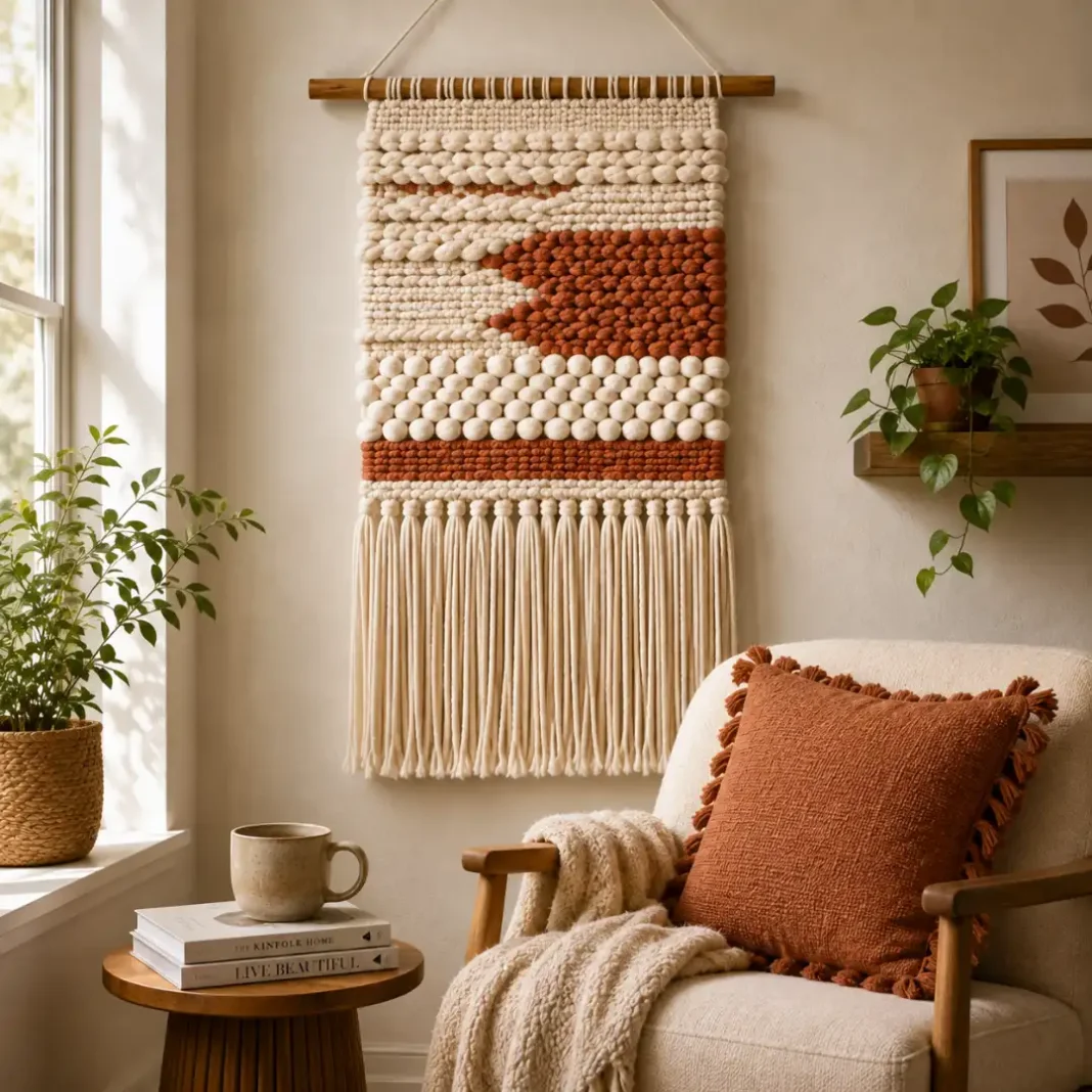 A woven yarn wall art piece in cream and terracotta tones hanging above a reading chair.