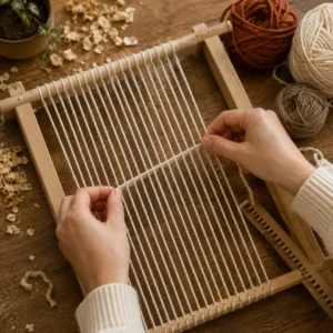 Threading warp strings for one of several woven yarn wall art ideas covered in this guide.