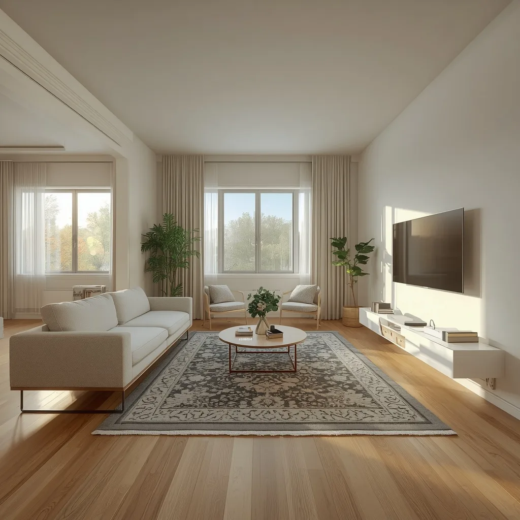 arrange-small-living-room-anchored-layout Small living room that shows how to arrange small living room furniture around a rug anchor.
