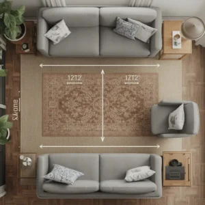 Rug sizing floor plan used to arrange small living room seating around a proper anchor.