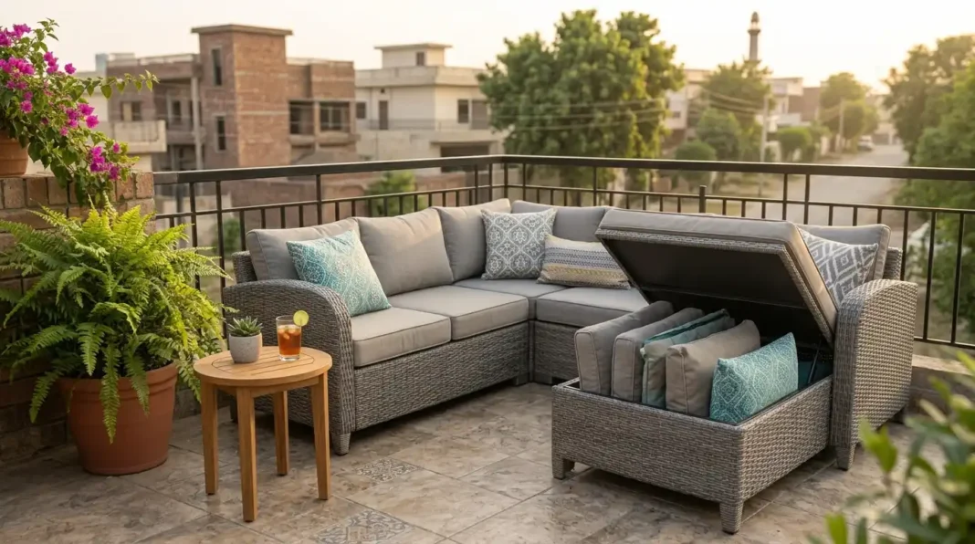 Balcony benches cushion storage bench with lid open beside a modular sectional.