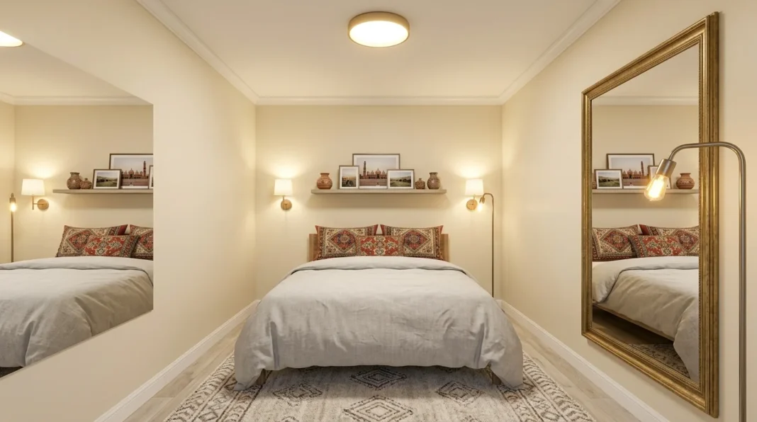 Windowless bedroom that shows how to brighten dark windowless bedroom spaces with layered lighting.
