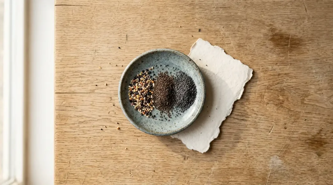 choose-wildflower-seeds-paper-featured-seed-dish A dish of tiny seeds on a wooden table, the starting point when you choose wildflower seeds paper.